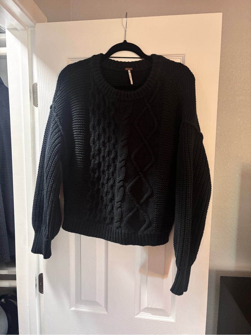Free People Black Cable-Knit Crewneck Sweater